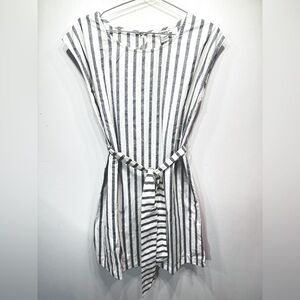 Glamorous Gray & White Striped Belted Sleeveless Dress from ModCloth Small